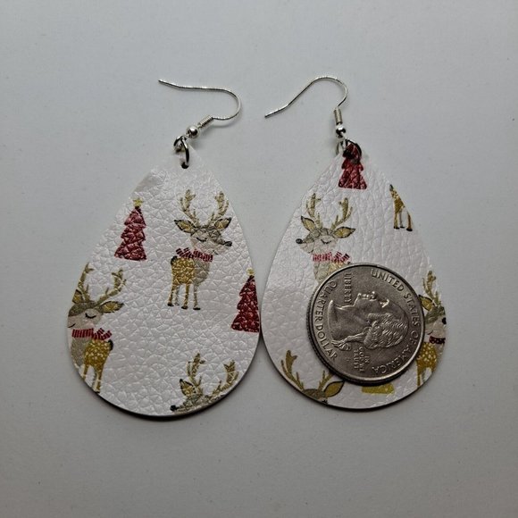 Reindeer Christmas Earrings Teardrop Hook Faux Leather White Tan Red OPTION 1 - Picture 3 of 4